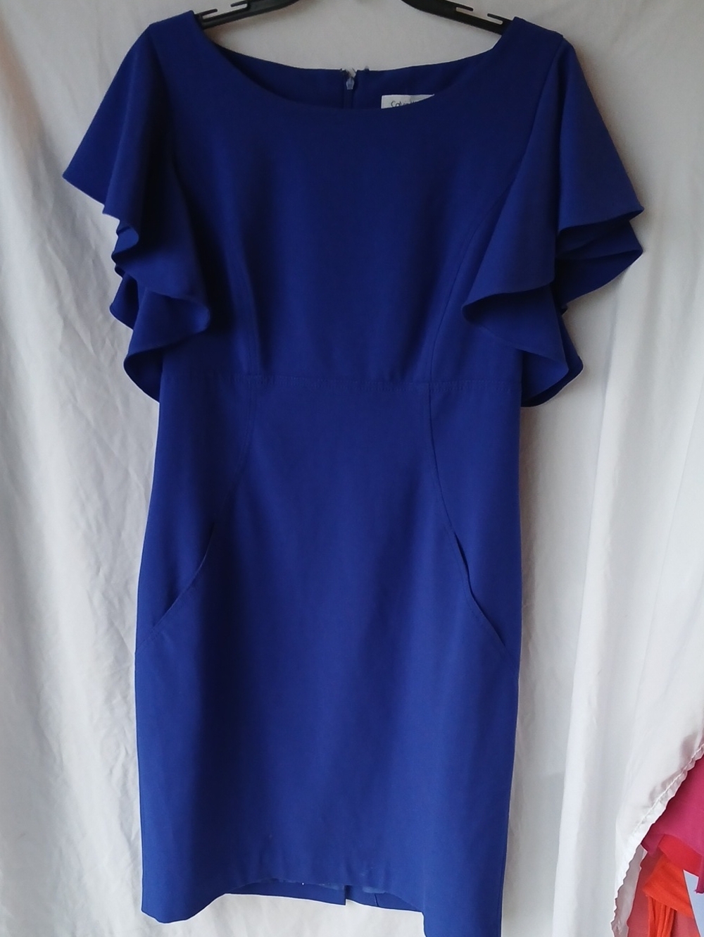 Calvin Klein Cobalt Blue Ruffle Sleeve Sheath Dress